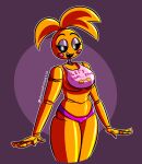  animatronic anthro avian beakless bib bird chicken clothed clothing eyelashes female five_nights_at_freddy&#039;s five_nights_at_freddy&#039;s_2 galliform gallus_(genus) glowing hi_res machine metallic_body phasianid robot scottgames sharp_teeth simple_background smile solo teeth text toy_chica_(fnaf) uomopolpetta video_games 