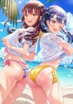  2girls :d ;d absurdres ass ass-to-ass beach bikini bikini_bottom_only blue_hair brown_hair day highres long_hair looking_at_viewer matsuzaki_miyuki multiple_girls no_pants one_eye_closed open_mouth original outdoors purple_eyes red_eyes see-through shirt short_sleeves side-tie_bikini smile string_bikini striped striped_bikini swimsuit thighs undressing wet wet_clothes wet_shirt white_shirt yellow_bikini 