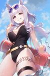  1girl baisi_shaonian bangs black_swimsuit blue_sky blunt_bangs breasts casual_one-piece_swimsuit cloud cowboy_shot eyewear_on_head from_below gold_ship_(run_revolt_launcher)_(umamusume) gold_ship_(umamusume) grey_hair highres long_hair looking_at_viewer medium_breasts number_pun one-piece_swimsuit purple_eyes sky solo sunglasses super_smashing_summer_vacation_(umamusume) swimsuit umamusume water_gun 