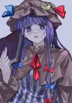  1girl blue_bow blue_ribbon book bow crescent crescent_hat_ornament dress gotagotay hat hat_ornament highres holding holding_book long_hair mob_cap patchouli_knowledge purple_eyes purple_hair red_bow red_ribbon ribbon solo striped striped_dress touhou vertical-striped_dress vertical_stripes 