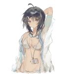  1girl arknights arm_up bangs bikini black_hair breasts chinese_commentary commentary_request goggles goggles_around_neck grey_eyes highres jacket la_pluma_(arknights) la_pluma_(summer_flowers)_(arknights) looking_at_viewer medium_breasts navel off_shoulder official_alternate_costume open_clothes open_jacket short_hair simple_background solo stomach swimsuit upper_body white_background white_bikini yangcongxianweitianchongwu 