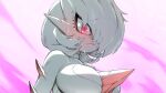  1girl between_breasts breasts closed_mouth drunkoak gardevoir highres large_breasts looking_at_viewer monster_girl pink_background pokemon pokemon_(creature) red_eyes short_hair sweatdrop upper_body 