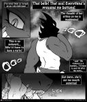  2018 absurd_res anthro bodily_fluids bottomwear bulge clothed clothing comic dragon drooling english_text erection erection_under_clothing hi_res horn if_hell_had_a_taste licking licking_lips male monochrome muscular muscular_anthro muscular_male pants profanity saliva scales shirt skylar_fidchell solo text tongue tongue_out topwear viroveteruscy 