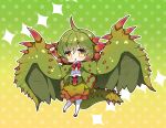  1girl :&lt; absurdres bangs brown_skirt character_request commentary_request dragon_girl dragon_horns dragon_tail dragon_wings fang full_body gradient gradient_background gradient_hair gradient_skirt green_background green_hair green_jacket green_skirt green_wings hair_between_eyes highres horns jacket layered_skirt milkpanda monster_hunter_(series) multicolored_hair open_clothes open_jacket pantyhose parted_lips personification polka_dot polka_dot_background red_footwear red_hair shirt shoes short_eyebrows skirt solo tail thick_eyebrows triangle_mouth white_pantyhose white_shirt wings yellow_background yellow_eyes 