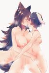  2girls age_difference animal_ears black_hair blush breasts brown_hair closed_eyes collarbone completely_nude cuddling fingering flat_chest highres imaizumi_kagerou inaba_tewi kiss large_breasts long_hair multiple_girls mutual_masturbation navel nipples nude oettenaru onee-loli rabbit_ears rabbit_girl short_hair simple_background sweat touhou very_long_hair white_background wolf_ears wolf_girl yuri 