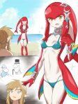  1boy 1girl bangs bikini blonde_hair blue_eyes blush breasts colored_skin fins fish_girl hair_ornament jewelry link long_hair looking_at_viewer mipha monbetsu_kuniharu monster_girl moomin multicolored_skin no_eyebrows open_mouth pointy_ears red_skin smile swimsuit the_legend_of_zelda the_legend_of_zelda:_breath_of_the_wild yellow_eyes zora 