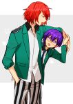  1boy 1girl :o bishounen_series doujima_mayumi fukuroi_mitsuru glasses hair_over_one_eye hand_in_pocket hetero highres hinata_(ryohinata) long_sleeves looking_at_another necktie open_mouth pants purple_eyes purple_hair red_eyes red_hair school_uniform shirt short_hair simple_background striped striped_pants white_shirt yubiwa_high_school_uniform 