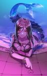  1girl artist_name bangs bikini black_bikini breasts brown_hair closed_mouth collarbone commentary_request hair_between_eyes heart highres large_breasts long_hair mermaid monster_girl original partially_submerged smile solo swept_bangs swimsuit tile_floor tiles tsukumon_123 water watermark 