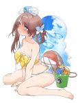  1girl aka_ringo ball beachball bikini blue_shorts blue_sky bottle breasts brown_hair bucket chougei_(kancolle) cloud commentary_request denim denim_shorts grey_eyes hair_ornament hair_rings hairclip highres kantai_collection large_breasts long_hair official_alternate_costume orange_bikini rake shorts sitting sky solo swimsuit torn_clothes trowel wariza water_bottle 