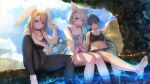  :d absurdres animal_ear_fluff animal_ears barefoot black_bodysuit black_choker black_hair black_shorts black_sports_bra blue_eyes blue_fire blue_sky blurry blurry_background bodysuit braid breasts brown_eyes brown_hair camisole chest_jewel choker cleavage eunie_(xenoblade) fiery_hair fire glowing_lines grey_hair head_wings highres kashiwamochi_yomogi knee_up large_breasts looking_at_viewer medium_hair mio_(xenoblade) open_clothes open_shorts outdoors outstretched_leg partially_submerged pond reaching_out rock sena_(xenoblade) short_hair short_shorts shorts sky small_breasts smile sports_bra spread_legs sunlight white_camisole white_shorts white_wings wings xenoblade_chronicles_(series) xenoblade_chronicles_3 yellow_eyes 