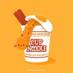  :3 ambiguous_gender artist_name catplantsupply chopsticks container cup cup_noodles domestic_cat egg_(food) featureless_ears felid feline felis feral food food_creature fried_egg glistening glistening_body hi_res mammal noodles o_o orange_background orange_body ramen shadow simple_background smile solo whiskers 