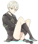  1boy black_choker black_gloves black_jacket blue_eyes choker gloves grey_hair jacket kneehighs kneehighs_pull male_focus nier_(series) nier_automata sami_(3a3i3a3i) short_shorts shorts sitting smile socks solo yorha_no._9_type_s 