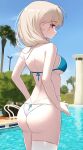  1girl absurdres alternate_hair_length alternate_hairstyle ass azur_lane bikini blue_bikini blue_sky blush breasts commentary day formidable_(azur_lane) grey_hair hair_over_shoulder highres large_breasts looking_at_viewer looking_back medium_hair minus_(minusminuscule) outdoors pool poolside red_eyes sky solo swimsuit symbol-only_commentary white_bikini 
