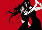  2girls black_dress black_hair chainsaw_man collared_shirt curtsey dress highres holding_another&#039;s_wrist junjungua long_hair looking_at_another mitaka_asa multiple_girls red_background red_eyes scar scar_on_face shirt simple_background surprised torso_grab war_devil_(chainsaw_man) 
