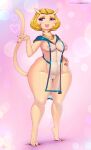  blonde_hair breasts clothed clothing genitals hair hand_on_hip hi_res ipan nipples no_underwear pussy space_dandy thick_thighs translucent translucent_clothing wide_hips 