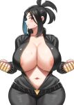  1girl areola_slip black_hair breasts cleavage fingerless_gloves gloves highres huge_breasts jumpsuit looking_at_viewer medium_hair pokemon pokemon_(game) pokemon_sv red_eyes solo standing sweat track_suit_teacher_(pokemon) unzipped white_background ytrall 