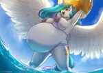  absurd_res anthro anthrofied areola areola_slip artist_name bahnbahn_(artist) ball beach_ball belly big_belly big_breasts bikini blue_hair breasts clothed clothing cutie_mark day equid equine female fingers friendship_is_magic green_hair hair hasbro hi_res horn hyper hyper_belly hyper_pregnancy inflatable long_hair low-angle_view mammal multicolored_hair my_little_pony navel nipple_outline open_mouth outside partially_submerged pink_hair pregnant princess_celestia_(mlp) purple_eyes solo standing swimwear text url water wet white_body winged_unicorn wings 