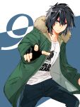  1boy black_gloves black_hair black_pants coat fingerless_gloves fur_trim gloves green_coat hair_between_eyes highres hinata_(ryohinata) iwakiyamayukisatoshironanogojuurokushi_yui kemono_jihen male_focus pants shirt solo standing t-shirt white_shirt 