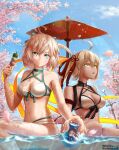  2girls absurdres ahoge assassin_silver bikini blonde_hair breasts cherry_blossoms cleavage dango dark-skinned_female dark_skin drink fate/grand_order fate_(series) food hair_ornament hair_ribbon highres koha-ace leonardo_da_vinci_(fate) looking_at_viewer multiple_girls okita_j._souji_(fate) okita_souji_(fate) okita_souji_alter_(fate) okita_souji_alter_(swimsuit_saber)_(fate) partially_submerged ribbon short_hair sky swimsuit sword tassel tassel_hair_ornament umbrella wagashi weapon wet yellow_eyes 