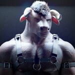  abs absurd_res anthro bovid bovine cattle eupharrow hair harness hi_res horn leather leather_harness looking_at_viewer male mammal muscular muscular_male simple_background solo straps vein veiny_muscles 