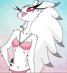  anthro avian beak bikini breasts claws clothed clothing demon feathers female helluva_boss imp-imp-im-a-simp mature_female partially_clothed pink_eyes simple_background smile solo stella_(helluva_boss) swimwear white_body white_feathers 