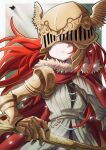 1girl absurdres armor cape chibi closed_mouth covered_eyes dress elden_ring haronin_fukke helmet highres holding holding_sword holding_weapon long_hair malenia_blade_of_miquella mechanical_arms prosthesis prosthetic_arm red_cape red_hair simple_background single_mechanical_arm solo sword very_long_hair weapon winged_helmet 