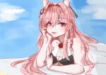  1girl animal_ears arknights bangs bare_arms bare_shoulders blue_sky braid breasts chinese_commentary cleavage cloud collarbone commentary_request day hair_between_eyes hair_intakes hair_ornament hand_up head_rest large_breasts liufeng long_hair looking_at_viewer lying on_stomach outdoors parted_lips partial_commentary pink_eyes pink_hair pozyomka_(arknights) single_braid sky smile solo wolf_ears 