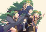  armor biting blue_eyes byleth_(fire_emblem) byleth_(fire_emblem)_(female) dagger elbow_pads fire_emblem fire_emblem:_three_houses gauntlets green_eyes green_hair green_little hair_ribbon knife long_hair medium_hair multiple_persona open_mouth pointing pointy_ears ribbon sothis_(fire_emblem) tiara very_long_hair walking weapon 