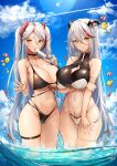  2girls absurdres aegir_(azur_lane) azur_lane bangs bare_shoulders bikini bird black_bikini blue_sky blush breasts chick cleavage collarbone food hair_ornament highleg highleg_bikini highres horns large_breasts long_hair looking_at_viewer manjuu_(azur_lane) multicolored_hair multiple_girls navel ocean popsicle prinz_eugen_(azur_lane) red_hair sky smile streaked_hair swimsuit thighs two_side_up very_long_hair wading wet white_hair yusha_m 