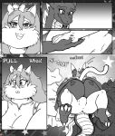  2018 absurd_res accessory anthro bed bedding belly big_belly big_butt blanket blush bottomwear bow_ribbon bulge butt clothing comic domestic_cat dragon duo english_text felid feline felis female furniture hair hair_accessory hair_bow hair_ribbon hi_res horn if_hell_had_a_taste male mammal marci_hetson monochrome obese obese_anthro obese_female open_mouth overweight overweight_anthro overweight_female pants pillow ribbons scales scar shirt skylar_fidchell sound_effects text topwear viroveteruscy 