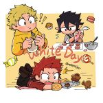  ! !! 3boys amajiki_tamaki bag baking black_eyes black_hair black_pants blonde_hair blush boku_no_hero_academia border bowl candy closed_mouth commentary cookie eating fat_gum_(boku_no_hero_academia) food hair_between_eyes holding holding_bag hood hood_down hooded_jacket jacket kirishima_eijirou lollipop long_sleeves macaron male_focus meteoricher muffin multiple_boys open_mouth outside_border oven_mitts pants pastry_bag red_eyes red_hair red_shirt shirt short_sleeves simple_background spiked_hair symbol-only_commentary tripping twitter_username whisk white_border white_day yellow_background yellow_eyes yellow_jacket zipper_pull_tab 