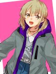  1girl :o belt blonde_hair blue_skirt character_request grey_jacket hinata_(ryohinata) hood hood_down jacket jewelry medium_hair necklace pink_background project_sekai short_twintails skirt twintails 