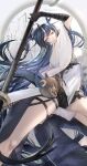  1girl absurdres arknights black_gloves blue_eyes blue_hair boots breasts dragon_horns dragon_tail gloves gourd grin highres holding holding_weapon horns konota_ko ling_(arknights) long_hair ponytail shorts smile solo tail thigh_strap very_long_hair weapon 