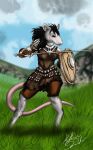  anthro armor clothing dappled_fur deerwalker female hi_res kittensnark leather leather_armor leather_clothing mammal melee_weapon murid murine rat rodent shield solo sword warrior weapon wooden_shield 