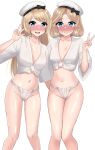  2girls blonde_hair blue_eyes blush breasts closed_mouth collarbone commission feet_out_of_frame fundoshi groin hat janus_(kancolle) japanese_clothes jervis_(kancolle) kantai_collection long_hair multiple_girls navel open_mouth sailor_hat sasakura_(calicchio) short_hair simple_background skeb_commission small_breasts smile v white_background white_headwear 