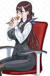  1girl bread breasts chair eating fate/grand_order fate_(series) food highres honjou_raita large_breasts long_hair murasaki_shikibu_(fate) murasaki_shikibu_(good_job!)_(fate) non-web_source office_lady pantyhose purple_eyes white_background 