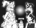  2018 absurd_res accessory anthro belly big_belly blake_sinclair bottomwear bow_ribbon breasts canid canine clothing comic domestic_cat dress english_text felid feline felis female fox glare group hair hair_accessory hair_bow hair_ribbon hand_on_hip hi_res if_hell_had_a_taste lagomorph leporid lightning mammal marci_hetson midriff monochrome navel navel_outline notched_ear obese obese_anthro obese_female overweight overweight_anthro overweight_female pants ponytail rabbit ribbons scar shirt shorts skirt text tiffany_brewwer topwear trio viroveteruscy 