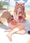  1girl absurdres alpha_(alpha91) animal_ear_fluff animal_ears ass bangs banned_artist beach blurry blurry_background blush breasts brown_hair cleavage cloud cup day fang feet fox_ears fox_girl fox_tail full_body green_eyes heart heart-shaped_pupils highres kasumi_(princess_connect!) legs long_hair looking_at_viewer maho_(princess_connect!) official_alternate_costume one-piece_swimsuit open_mouth outdoors palm_tree parasol pink_swimsuit princess_connect! skin_fang sky solo spill stuffed_toy sweat swimsuit symbol-shaped_pupils tail towel tree umbrella water wavy_hair 