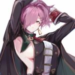  1girl absurdres armpits arms_up azur_lane black_coat breasts coat earrings green_eyes hair_over_one_eye highres jewelry large_breasts long_hair military military_uniform mole mole_on_breast presenting_armpit purple_hair sideboob simple_background solo star_(ensm7883) trieste_(azur_lane) uniform white_background 