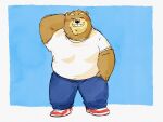  2022 anthro black_nose blush bottomwear brown_body brown_fur clothing fur hi_res kemono male mammal overweight overweight_male pants pommn_mn shirt simple_background solo topwear ursid 