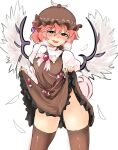  1girl animal_ears bird_ears bird_wings blush brown_dress brown_headwear brown_thighhighs clothes_lift dress dress_lift earrings frilled_dress frills hair_between_eyes hat heavy_breathing highres jewelry long_sleeves mystia_lorelei nama_shirasu no_panties open_mouth pink_eyes pink_hair pussy_juice short_hair simple_background single_earring smile solo sweat thighhighs touhou white_background white_wings winged_hat wings 