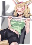  1girl animal_ears barbell bike_shorts black_hair blonde_hair breasts casual cleavage closed_eyes exercise fox_ears fox_tail hololive long_hair midriff multicolored_hair navel omaru_polka open_mouth pink_hair ponytail solo streaked_hair sweat tail tank_top tsushi virtual_youtuber 