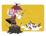  1girl animal animal_ears bird bird_ears bird_wings black_footwear black_thighhighs blush branch brown_dress brown_headwear byourou closed_eyes dress earrings frilled_sleeves frills hat holding holding_branch jewelry long_sleeves mystia_lorelei open_mouth pink_hair shoes short_hair single_earring smile solo sparrow thighhighs touhou white_wings wide_sleeves winged_footwear winged_hat wings 
