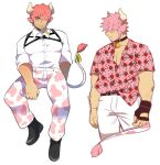 1boy alternate_costume animal_ears animal_print arm_hair bara beard bell belt_collar chest_hair chest_harness collar cow_boy cow_ears cow_horns cow_print cow_tail cowbell cropped_legs facial_hair food_print full_body hair_over_one_eye harness horns large_pectorals looking_to_the_side male_focus mature_male moosopp muscular muscular_male original pants partially_unbuttoned pectoral_press pectorals pink_hair pink_pants pink_shirt print_pants print_shirt sal_(moosopp) shirt shoes short_hair skindentation sleeves_rolled_up strawberry_print tail thick_eyebrows tight tight_shirt white_pants 