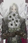  1girl absurdres ascot bloodborne blue_eyes cape coat flower gem gloves hair_down hat highres holding lady_maria_of_the_astral_clocktower long_hair looking_at_viewer nslacka simple_background solo sunflower tricorne white_hair 