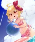  2girls :o ahoge araki_(qbthgry) ball beachball bikini blonde_hair blue_eyes blue_hair blue_sky cirno cloud day dutch_angle frilled_bikini frills hair_between_eyes hair_ribbon highres holding holding_ball holding_beachball ice ice_wings innertube lying medium_hair minigirl multiple_girls navel ocean on_stomach one-piece_swimsuit outdoors pink_bikini red_eyes red_ribbon ribbon rumia sky stomach striped striped_swimsuit summer swimsuit touhou wading wings 