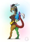  2022 anthro antlers beard black_hair breasts brown_body brown_fur butt chimera claws crossgender digital_media_(artwork) discord_(mlp) draconequus facial_hair female friendship_is_magic fur green_body grey_body grey_fur hair half-closed_eyes hasbro hi_res hooves horn long_tail looking_back mtf_crossgender multicolored_body my_little_pony mysticalpha narrowed_eyes red_body red_eyes red_scales scales side_boob smile solo standing tail_tuft toe_claws tuft white_beard wings yellow_body yellow_sclera 