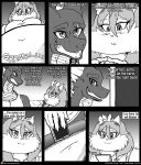  2018 absurd_res anthro bed bedding belly big_belly blanket blush breasts cellphone clothing comic domestic_cat dragon duo english_text felid feline felis female furniture hair hi_res horn if_hell_had_a_taste male mammal marci_hetson monochrome navel_outline obese obese_anthro obese_female open_mouth overweight overweight_anthro overweight_female phone purse scales scar shirt skylar_fidchell sound_effects text texting topwear viroveteruscy 