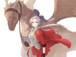  1girl breasts cape closed_mouth dragon edelgard_von_hresvelg fire_emblem fire_emblem:_three_houses fire_emblem_warriors:_three_hopes gloves hair_ornament long_hair long_sleeves looking_at_viewer official_alternate_costume official_alternate_hairstyle purple_eyes red_cape ribbon robaco simple_background skirt solo white_hair wyvern 