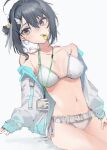  arknights bare_shoulders bikini black_hair breasts grey_eyes hair_ornament hairclip highres jacket la_pluma_(arknights) la_pluma_(summer_flowers)_(arknights) long_sleeves looking_at_viewer medium_breasts mokuro3m mouth_hold navel off_shoulder official_alternate_costume open_clothes open_jacket short_hair sitting stomach swimsuit thighs whistle white_bikini white_jacket 